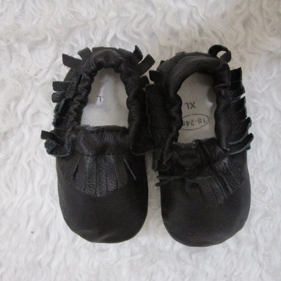 Sz 18-24M Baby Charcoal Black Leather Moccasins Fringe Crib Soft Sole Shoes - Picture 2 of 7